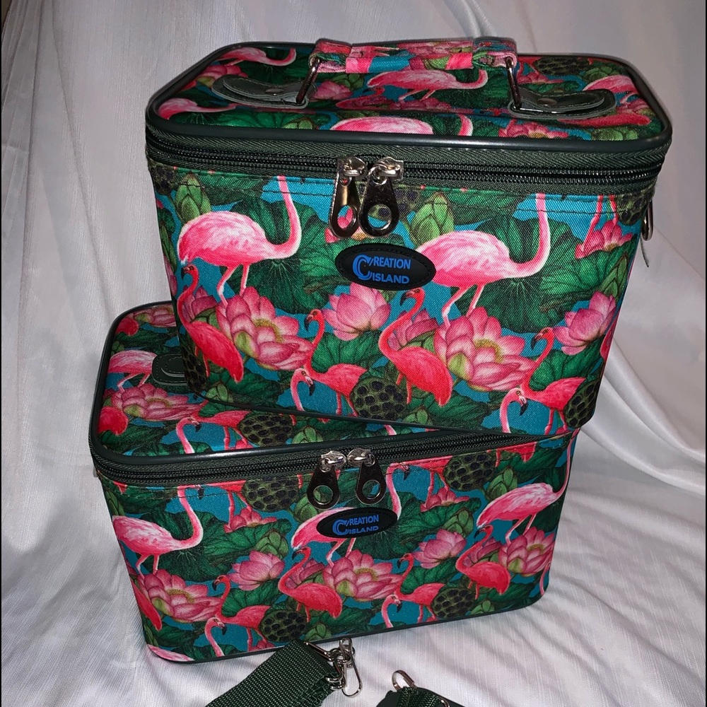 2 Piece Cosmetic/Travel Case.Tropical Flamingo